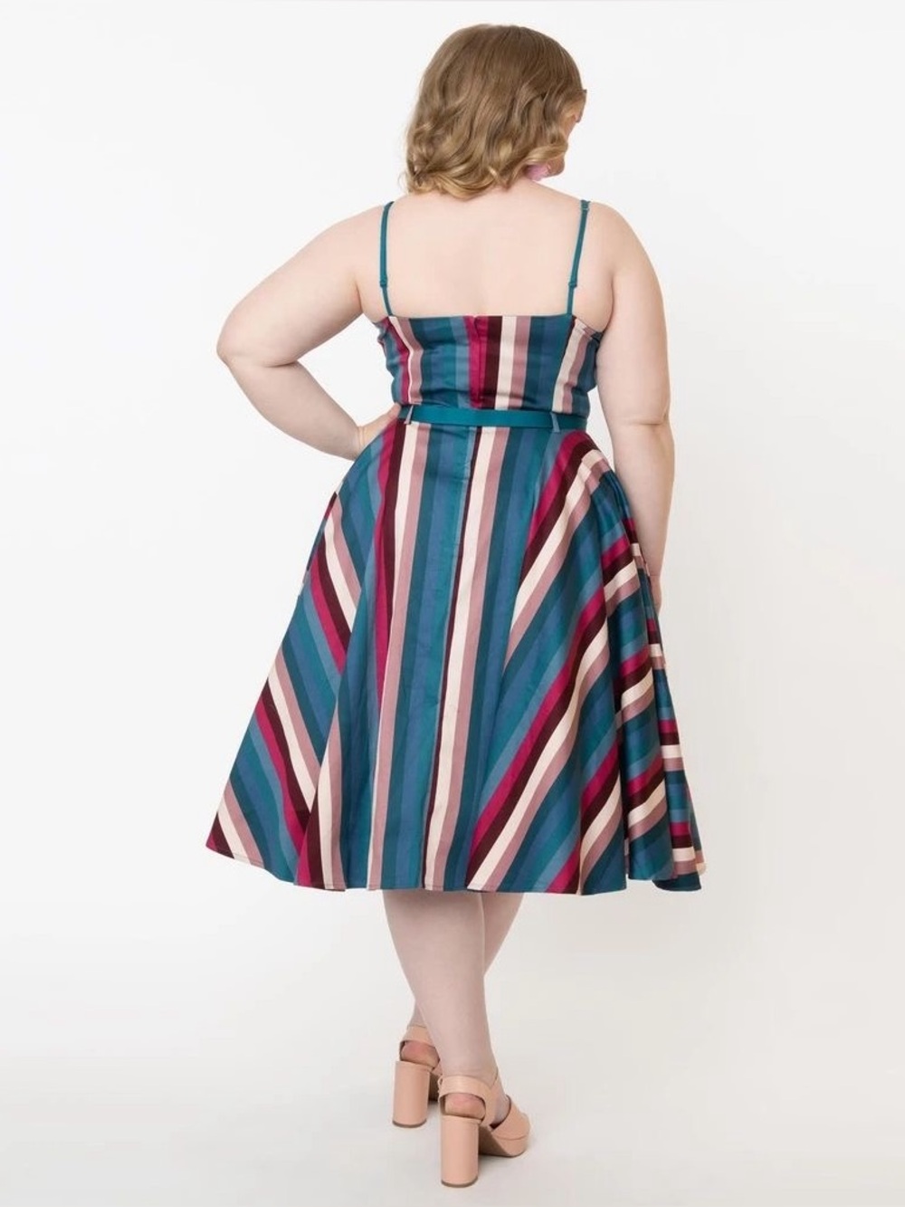 Unique Vintage Collectif Nova Paradise Teal & Pink Stripe Swing Dress - Picture 4 of 14